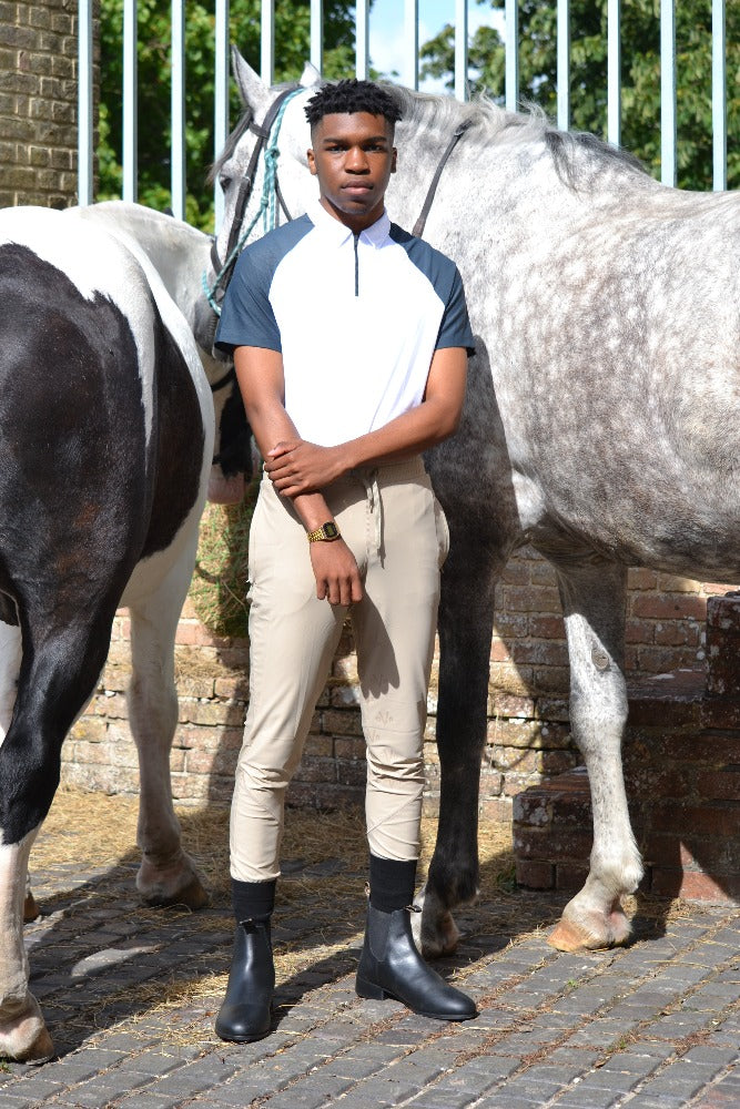 DVR Equestrian recycled mens competition shirt with zip and button down collar and mesh raglan sleeves and back in graphite grey and white