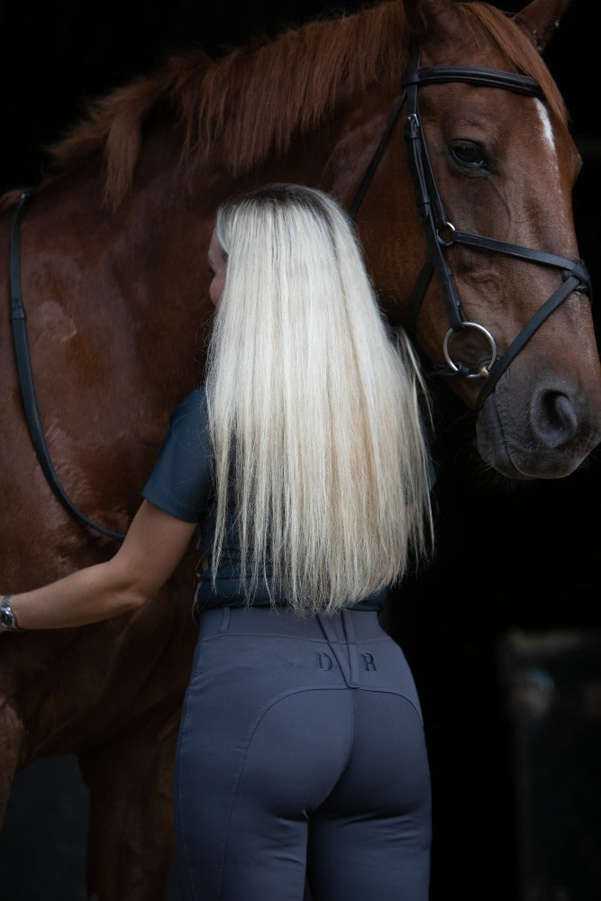 DVR Equestrian Graphite Grey Penny Pull On jodhpurs with DVR embroidery logo belt loop detail