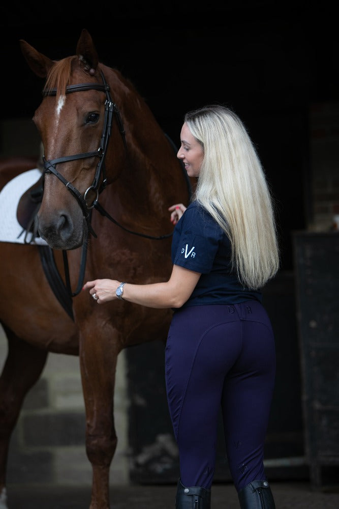 Eggplant navy DVR Equestrian Penny pull on jodhpurs 2.0 made from Repreve recycled polyester