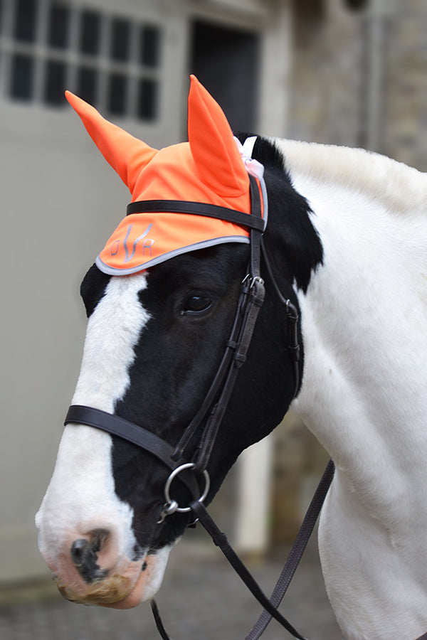 Fluorescent orange mesh fly veil high visibility with reflective binding and logo and ribbon to fasten to bridle