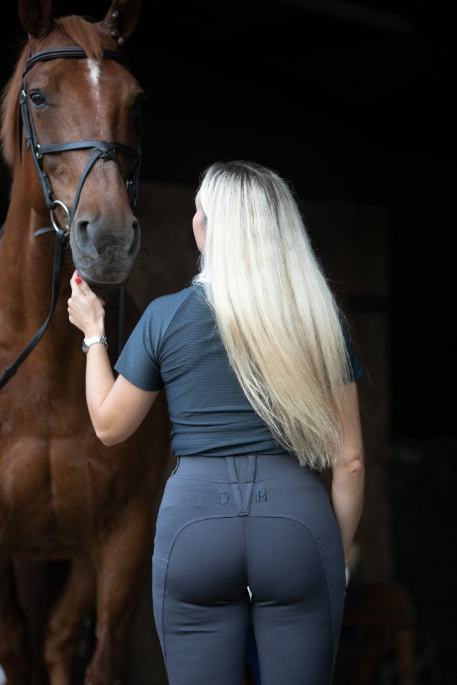 DVR Equestrian Penny Pull On Jodhpurs in Graphite Grey back view with back of Santos Shirt
