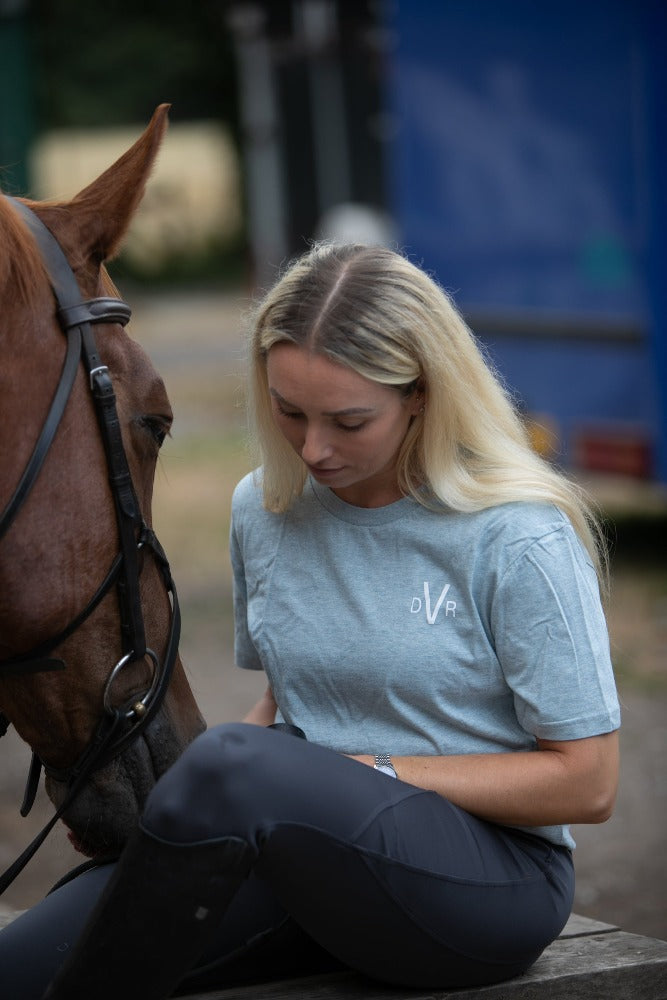 DVR Equestrian organic cotton baby blue marl t shirt with white logo print on left chest with chestnut horse
