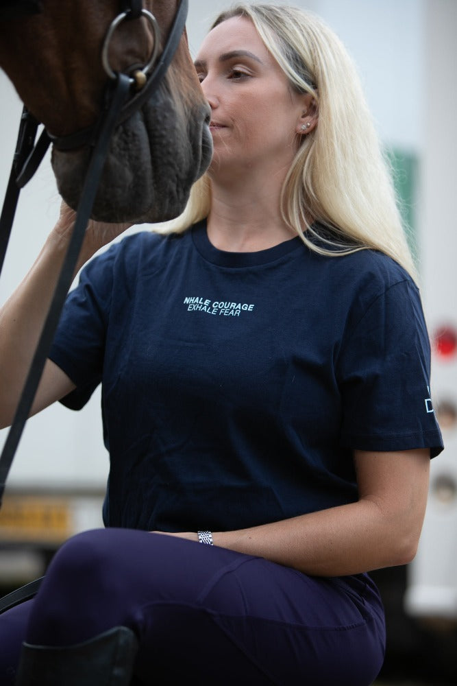 DVR Equestrian navy blue Inhale Courage Exhale Fear slogan organic cotton t shirt