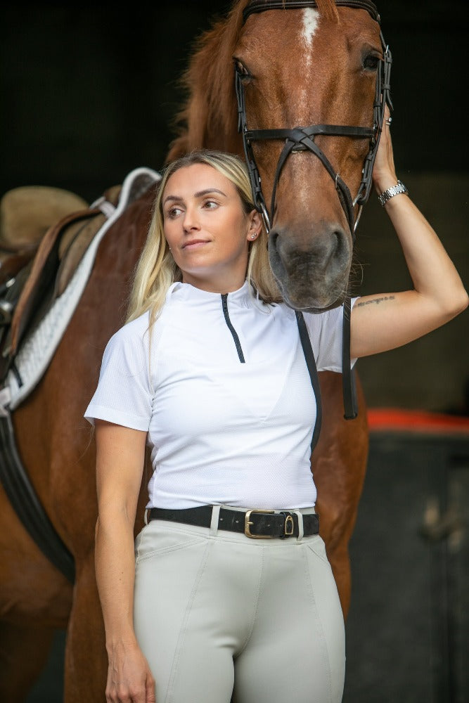 DVR Equestrian White Santos Shirt in mesh with Penny pull on jodhpurs in stone grey