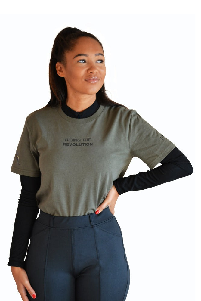 DVR Equestrian Riding the Revolution T-shirt in khaki green in collaboration with cool ridings and Lydia Heywood