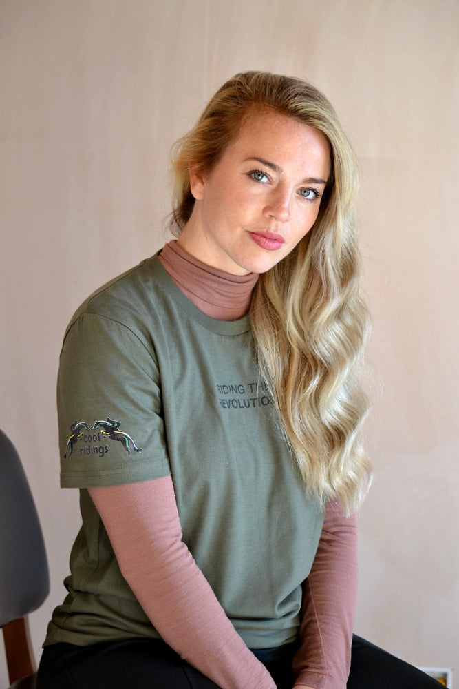 DVR Equestrian charity tee organic cotton riding the revolution quote t shirt in khaki green with printed sleeves, front and back. Cool riding collaboration.