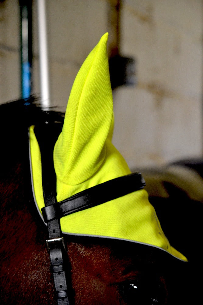 DVR Equestrian side view of fluorescent yellow high visibility mesh fly veil