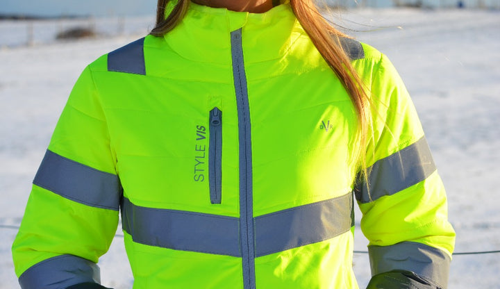 STYLE VIS puffer jacket in yellow close up of front view